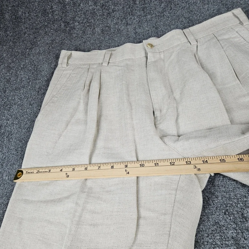 Caribbean Mens Tan Herringbone Linen Cotton Pleated Dress Pants 36x32